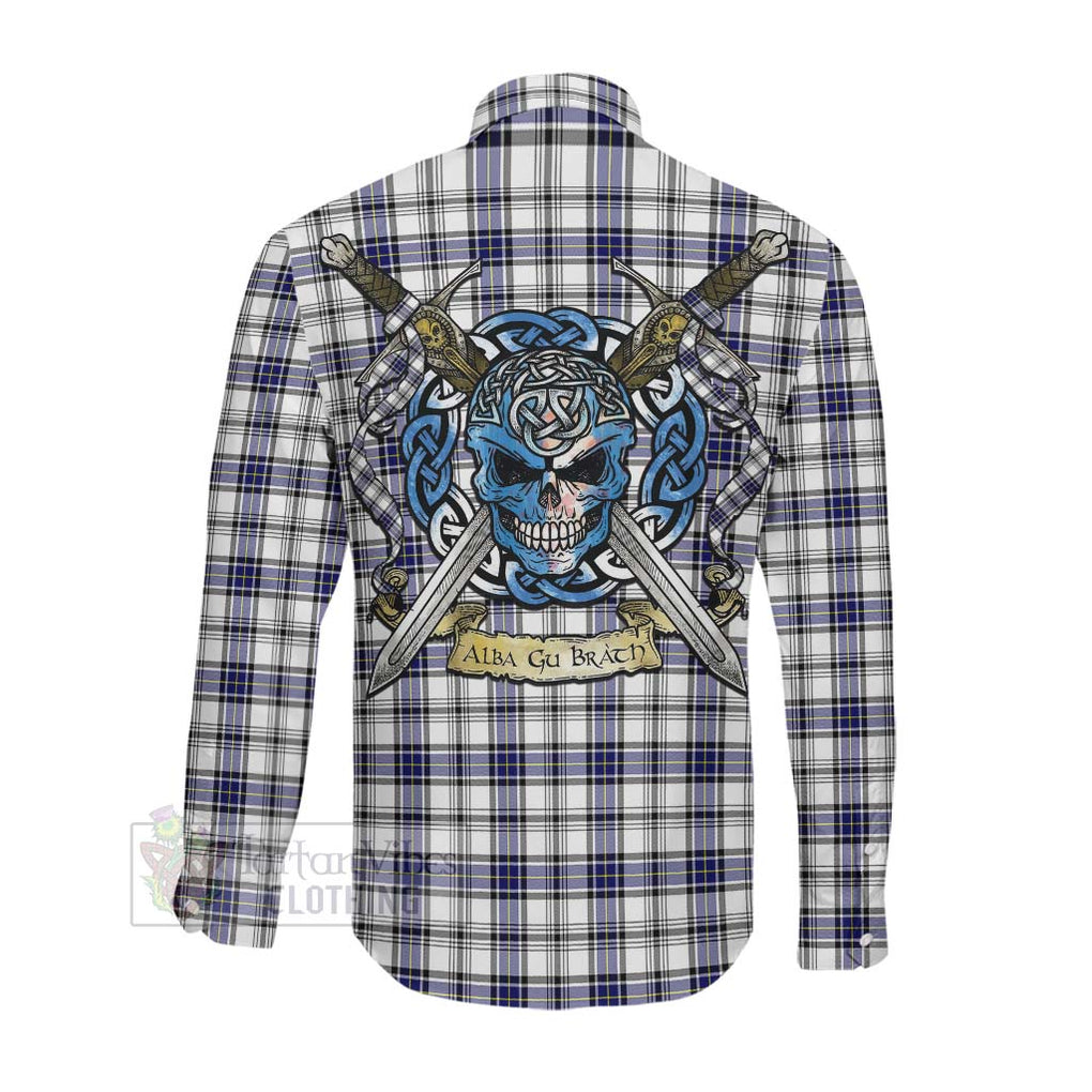 Tartan Vibes Clothing Hannay Tartan Long Sleeve Button Shirt with Family Crest Celtic Skull Style