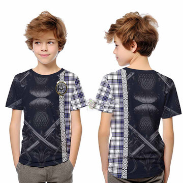 Tartan Vibes Clothing Hannay Tartan Kid T-Shirt with Family Crest Cross Sword Thistle Celtic Vibes