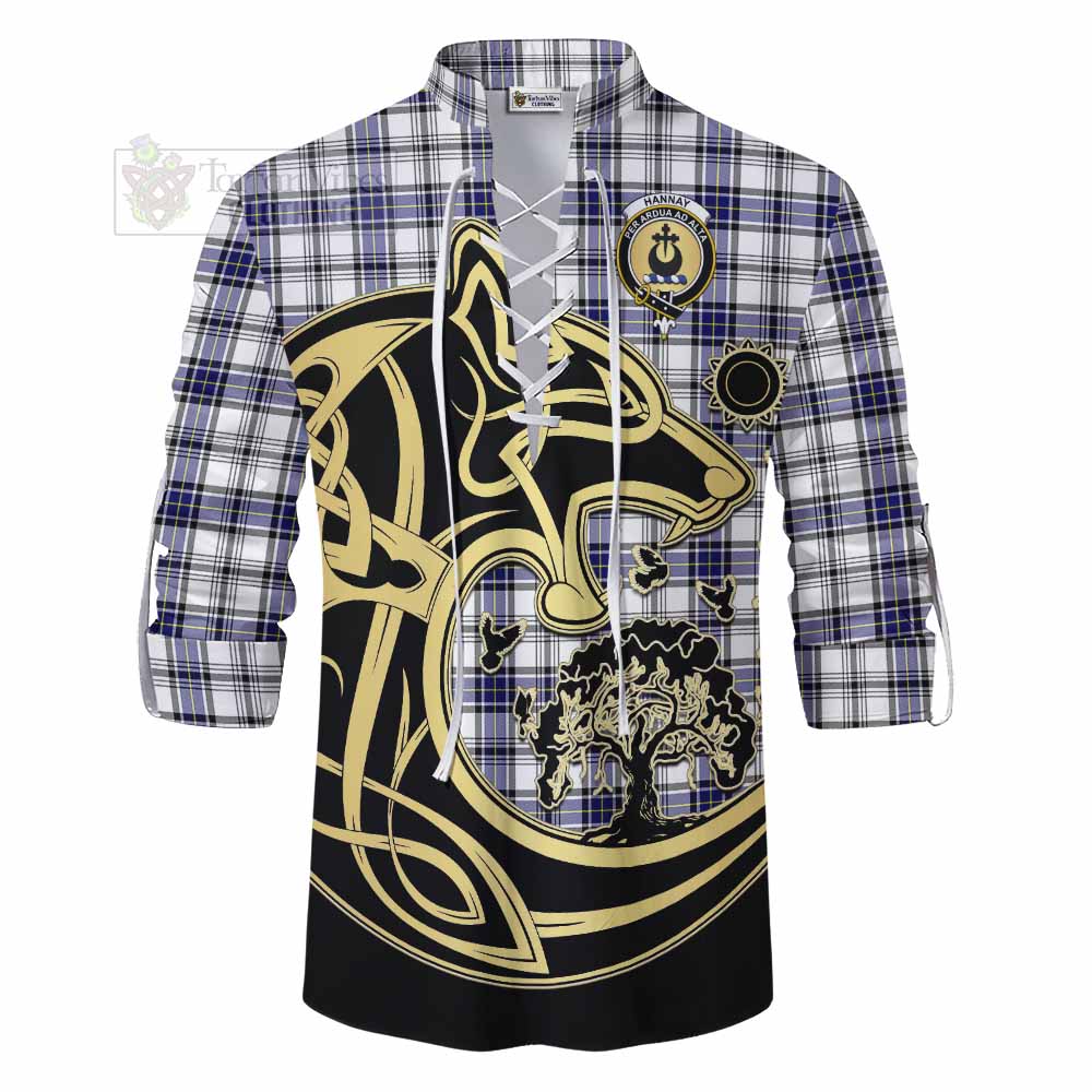 Tartan Vibes Clothing Hannay Tartan Ghillie Kilt Shirt with Family Crest Celtic Wolf Style