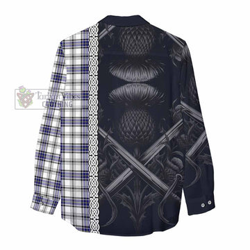 Tartan Vibes Clothing Hannay Tartan Women's Casual Shirt with Family Crest Cross Sword Thistle Celtic Vibes