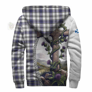 Hannay Tartan Sherpa Hoodie with Family Crest and St. Andrew's Cross Accented by Thistle Vines