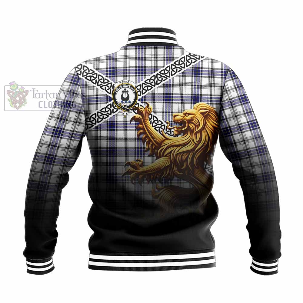 Tartan Vibes Clothing Hannay Crest Tartan Baseball Jacket with Golden Lion Emblem Celtic Style