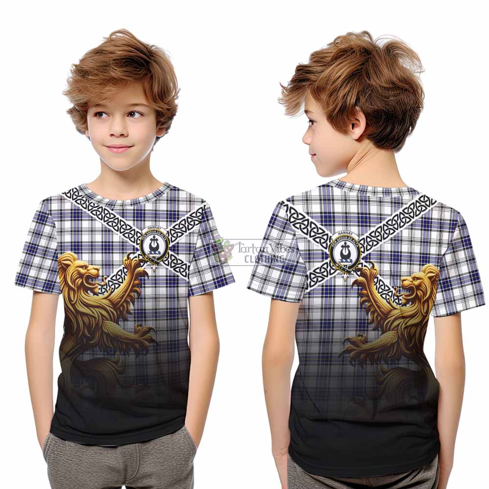 Tartan Vibes Clothing Hannay Crest Tartan Kid T-Shirt with Golden Lion Emblem Celtic Style