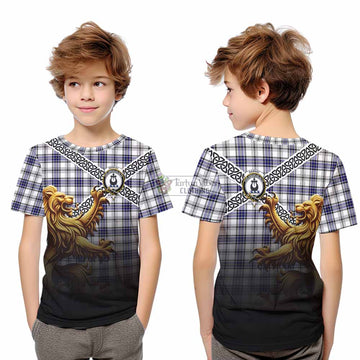 Tartan Vibes Clothing Hannay Crest Tartan Kid T-Shirt with Golden Lion Emblem Celtic Style