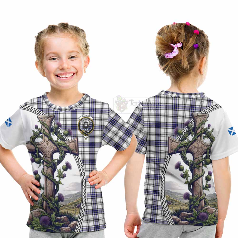 Tartan Vibes Clothing Hannay Tartan Kid T-Shirt with Family Crest and St. Andrew's Cross Accented by Thistle Vines
