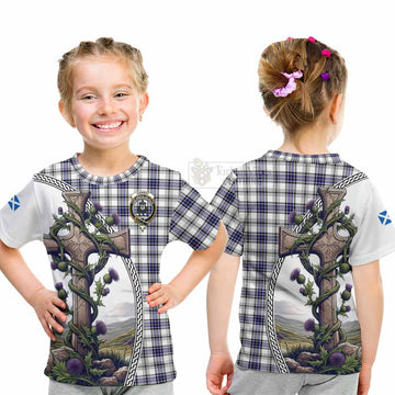 Tartan Vibes Clothing Hannay Tartan Kid T-Shirt with Family Crest and St. Andrew's Cross Accented by Thistle Vines