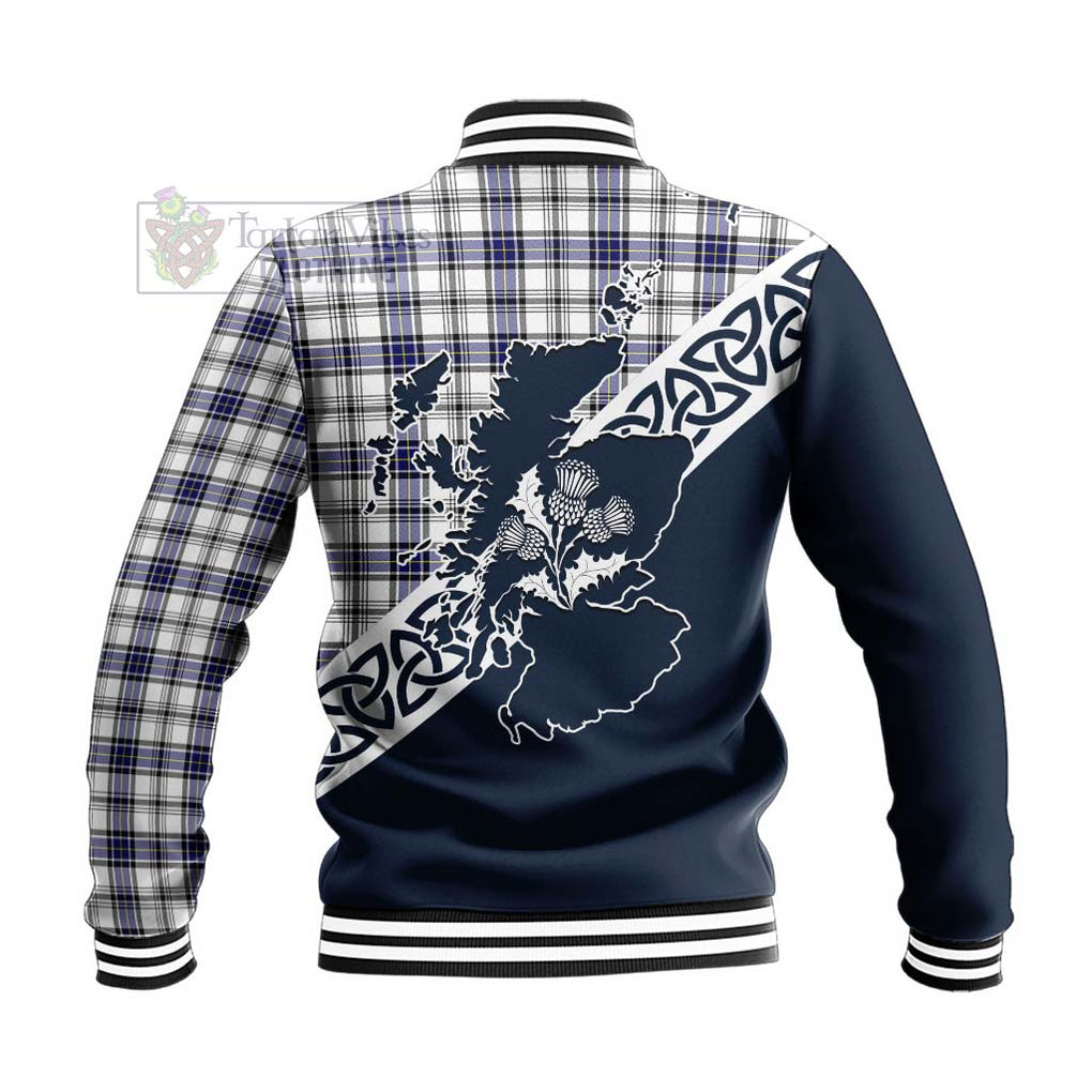 Tartan Vibes Clothing Hannay Tartan Baseball Jacket Featuring Thistle and Scotland Map