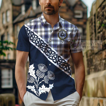 Tartan Vibes Clothing Hannay Tartan Short Sleeve Button Shirt Featuring Thistle and Scotland Map