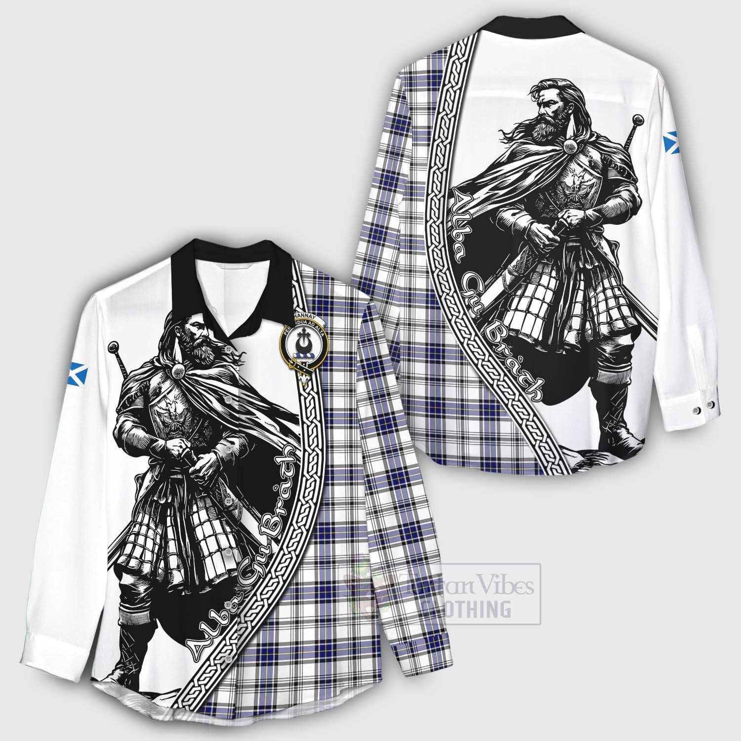 Tartan Vibes Clothing Hannay Tartan Clan Crest Women's Casual Shirt with Highlander Warrior Celtic Style