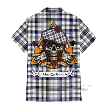 Tartan Vibes Clothing Hannay Tartan Short Sleeve Button Shirt with Family Crest and Bearded Skull Holding Bottles of Whiskey