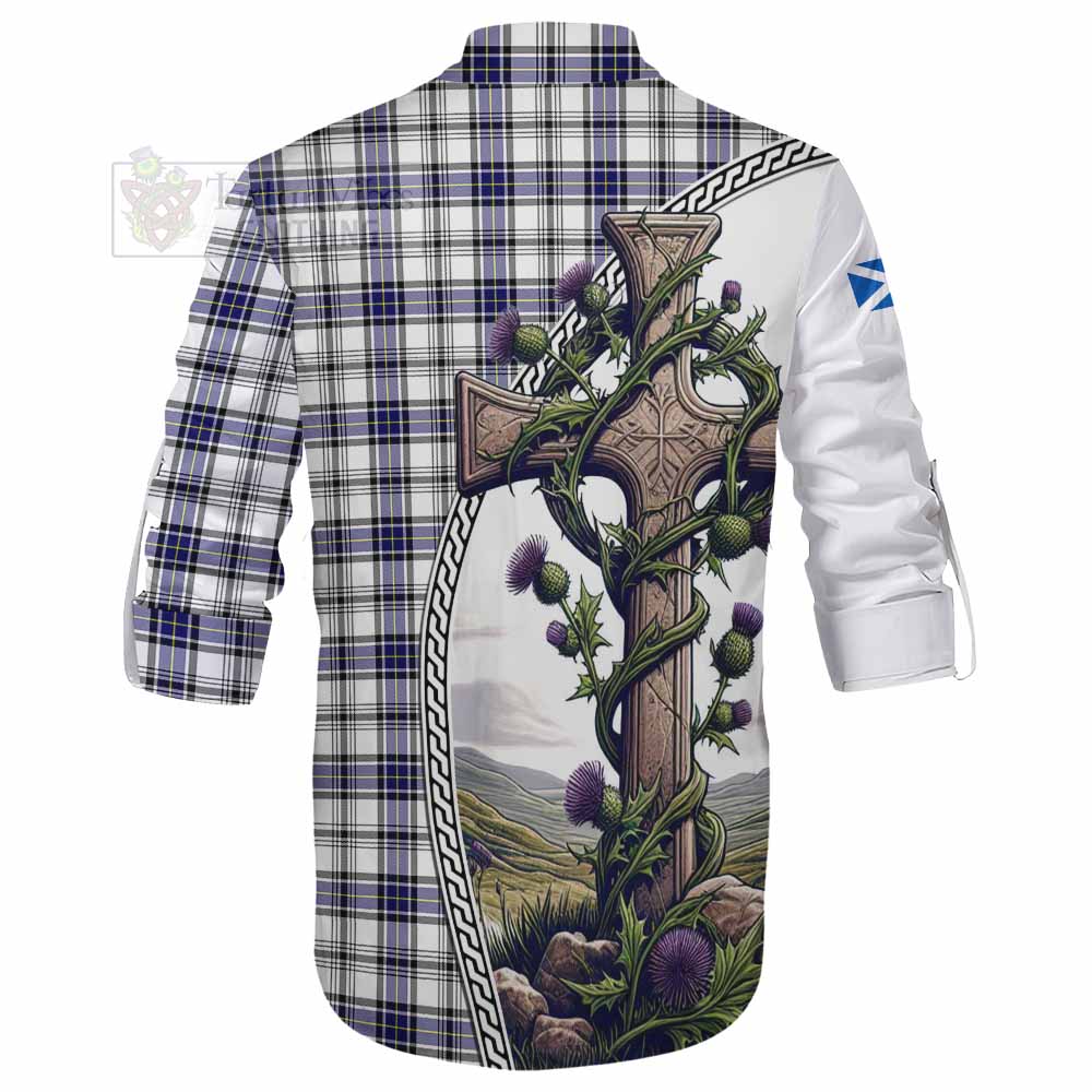 Tartan Vibes Clothing Hannay Tartan Ghillie Kilt Shirt with Family Crest and St. Andrew's Cross Accented by Thistle Vines
