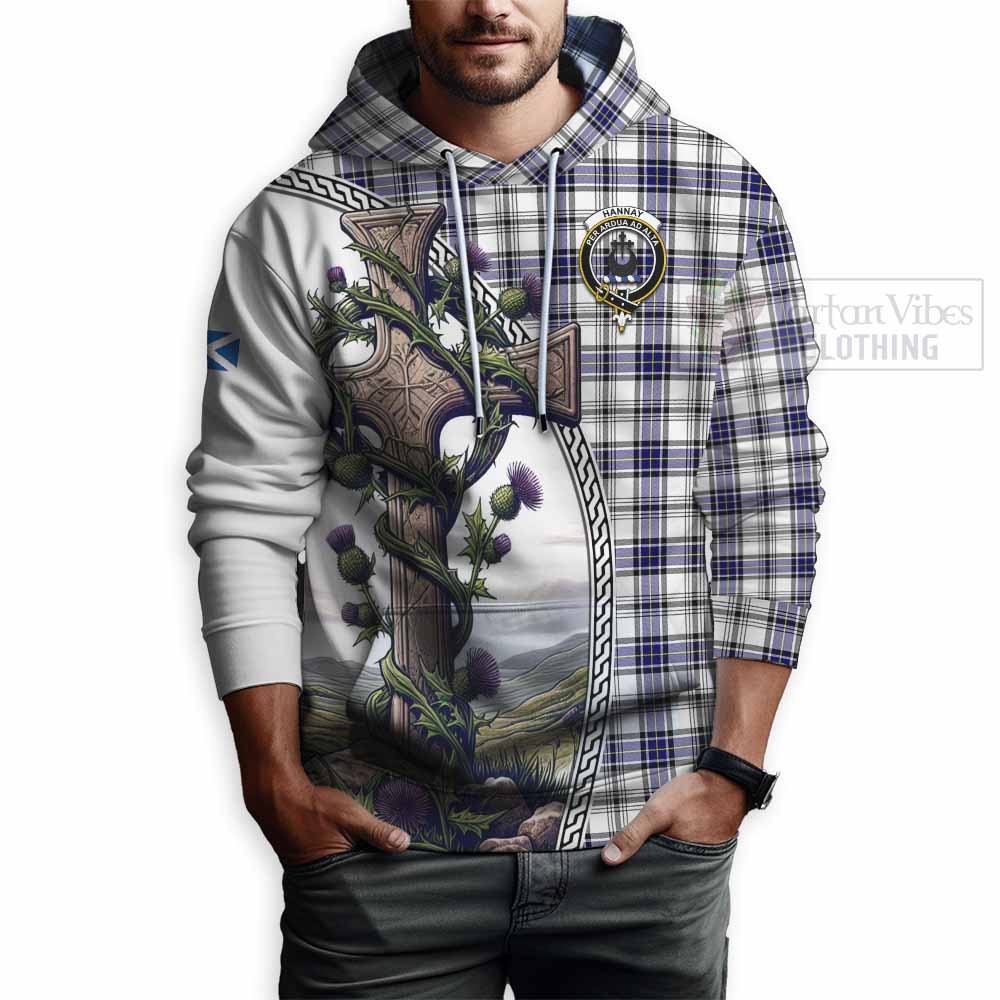 Tartan Vibes Clothing Hannay Tartan Hoodie with Family Crest and St. Andrew's Cross Accented by Thistle Vines