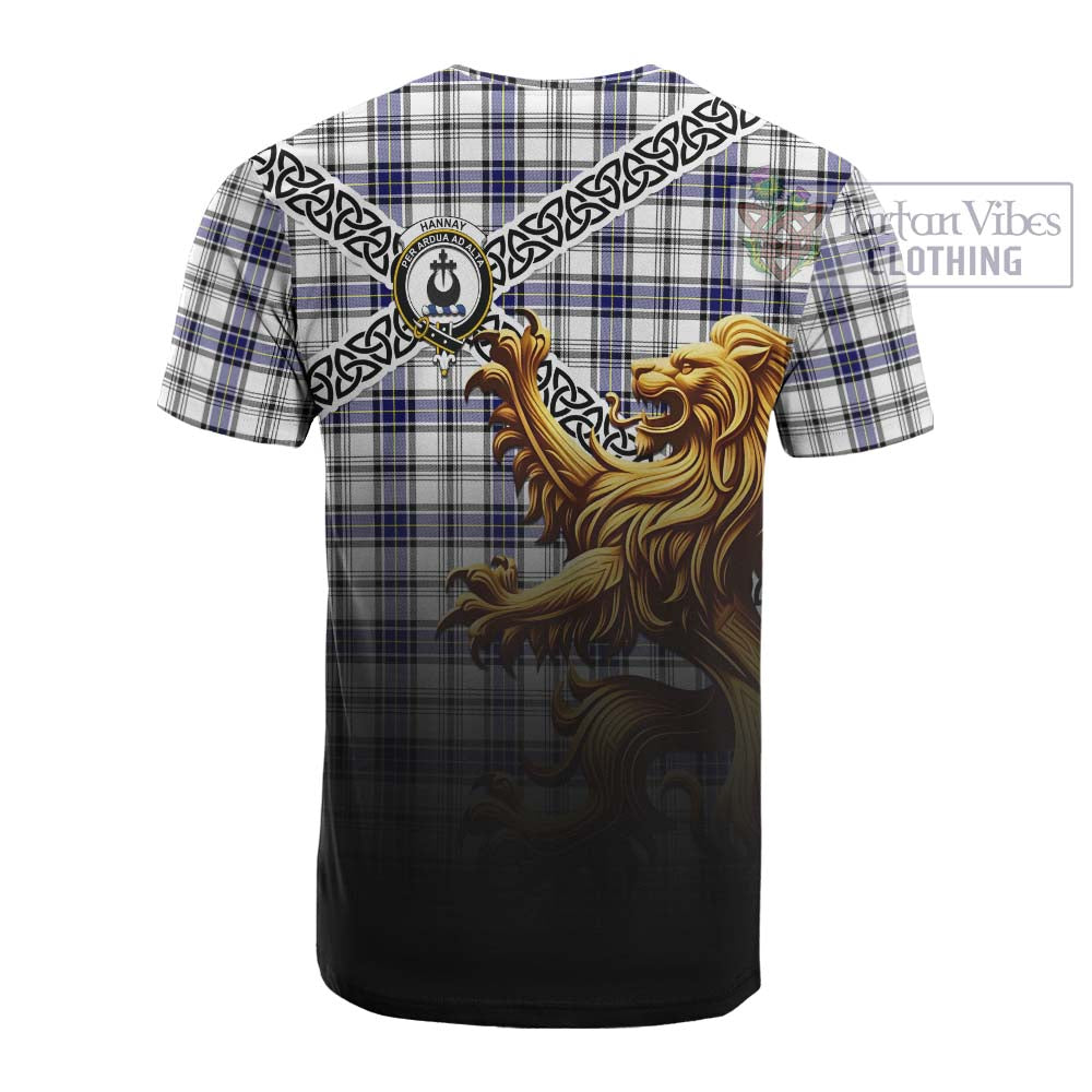 Tartan Vibes Clothing Hannay Crest Tartan Cotton T-shirt with Golden Lion Emblem Celtic Style