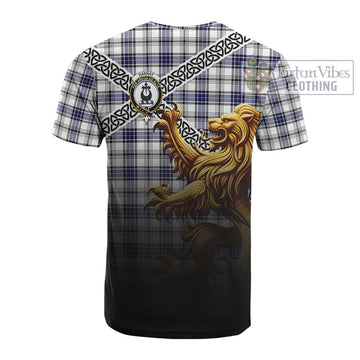 Tartan Vibes Clothing Hannay Crest Tartan Cotton T-shirt with Golden Lion Emblem Celtic Style
