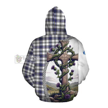 Tartan Vibes Clothing Hannay Tartan Cotton Hoodie with Family Crest and St. Andrew's Cross Accented by Thistle Vines