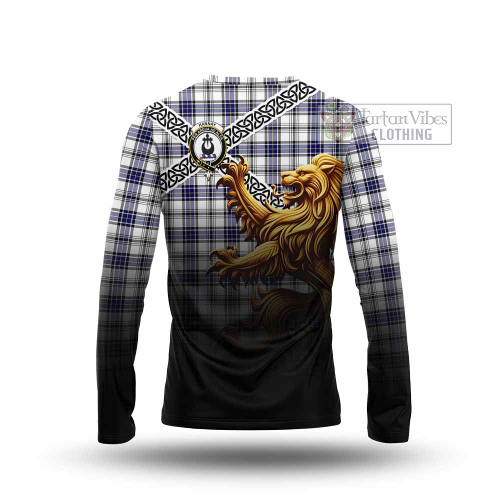 Tartan Vibes Clothing Hannay Crest Tartan Long Sleeve T-Shirt with Golden Lion Emblem Celtic Style