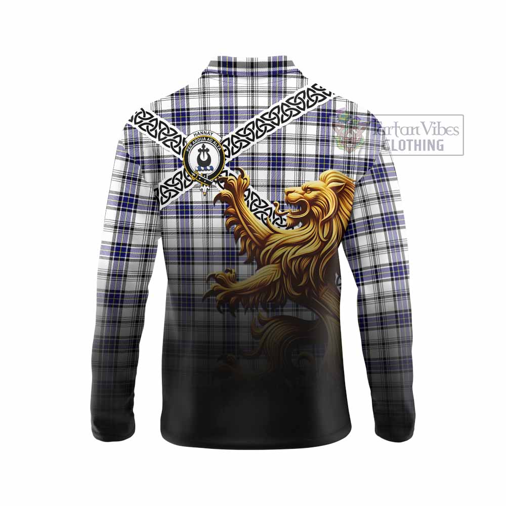Tartan Vibes Clothing Hannay Crest Tartan Long Sleeve Polo Shirt with Golden Lion Emblem Celtic Style