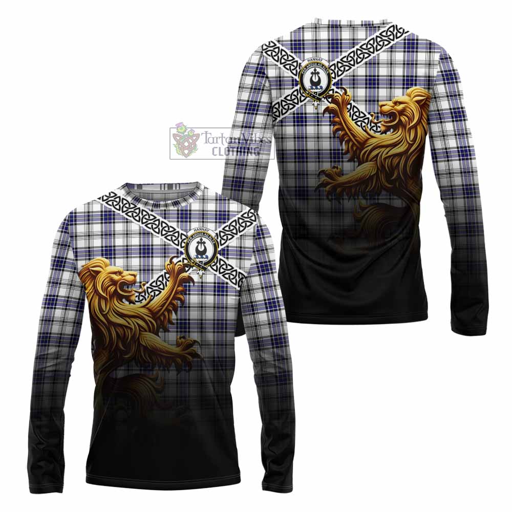 Tartan Vibes Clothing Hannay Crest Tartan Long Sleeve T-Shirt with Golden Lion Emblem Celtic Style