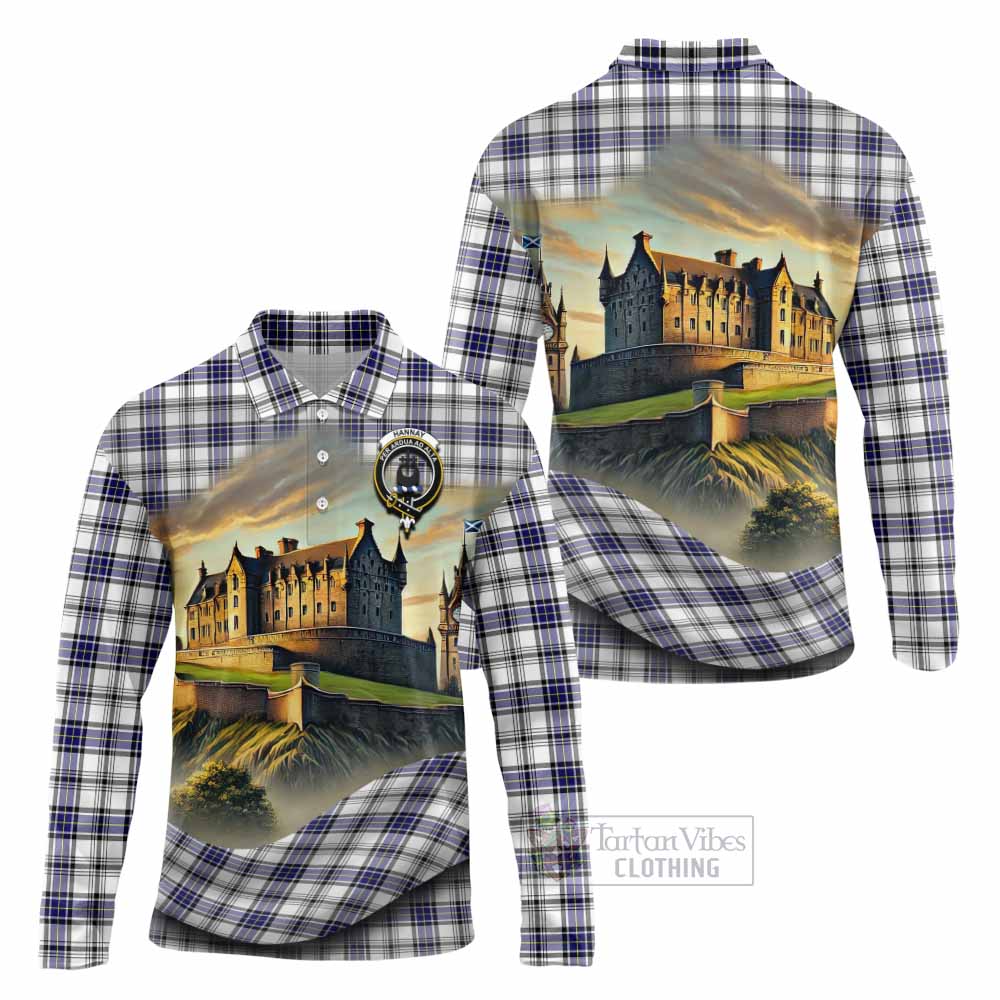 Tartan Vibes Clothing Hannay Tartan Family Crest Long Sleeve Polo Shirt with Scottish Ancient Castle Style