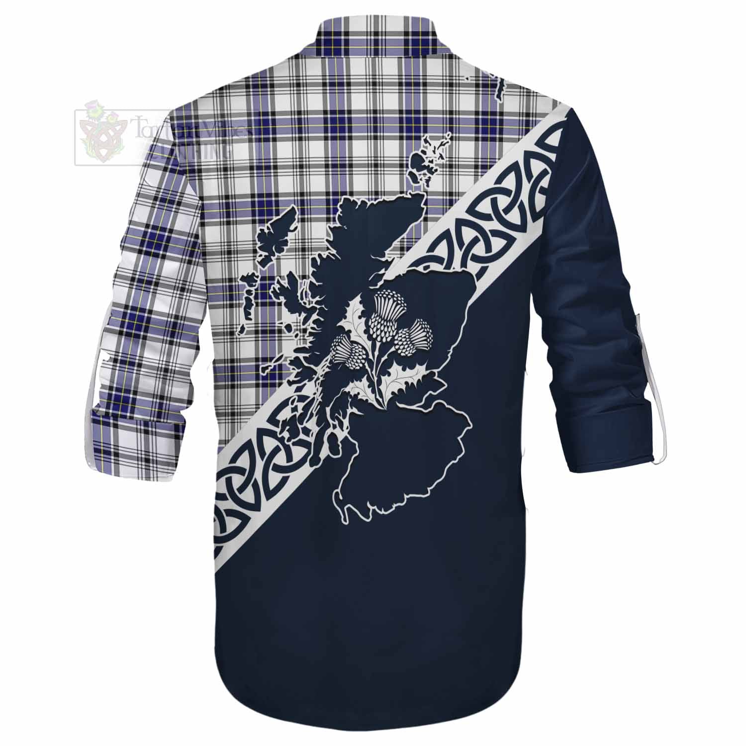 Tartan Vibes Clothing Hannay Tartan Ghillie Kilt Shirt Featuring Thistle and Scotland Map