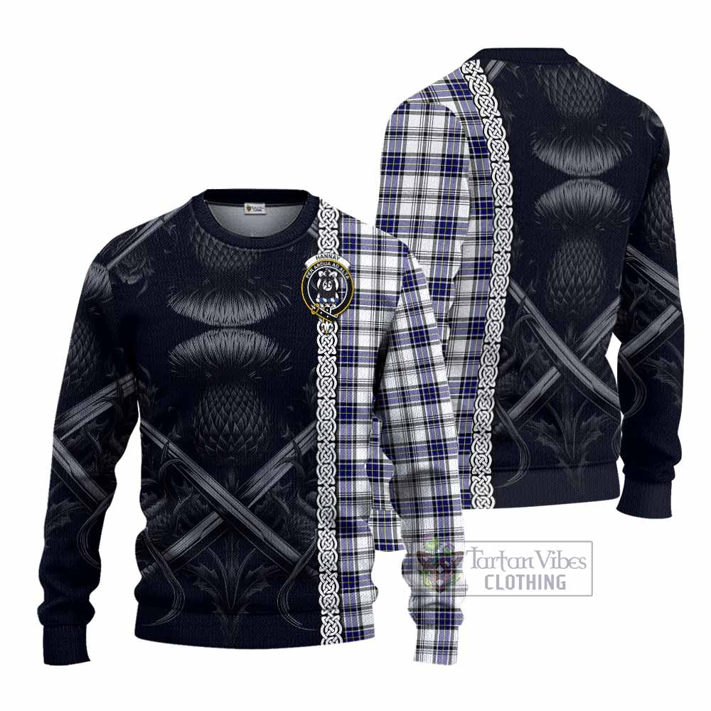 Tartan Vibes Clothing Hannay Tartan Knitted Sweater with Family Crest Cross Sword Thistle Celtic Vibes