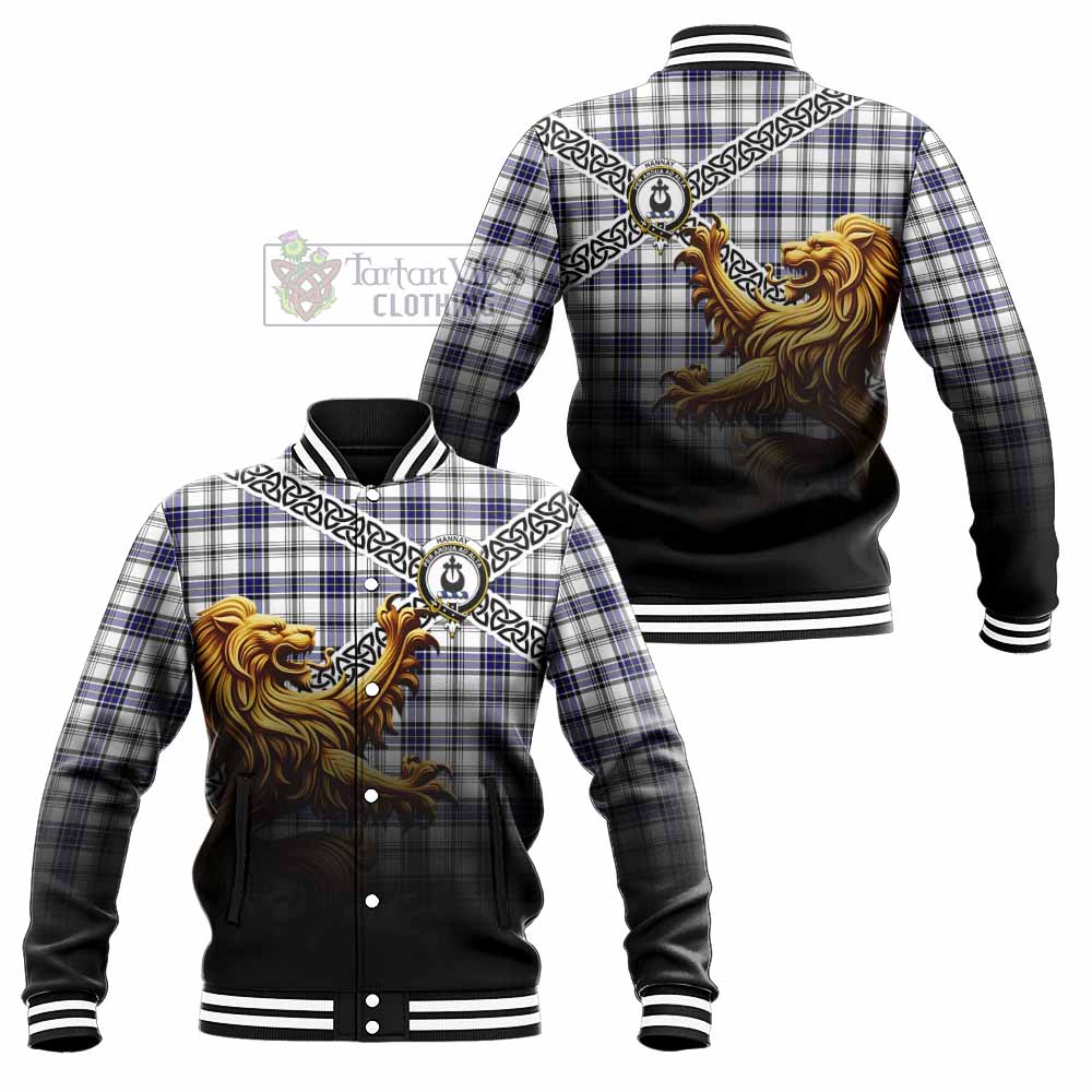Tartan Vibes Clothing Hannay Crest Tartan Baseball Jacket with Golden Lion Emblem Celtic Style