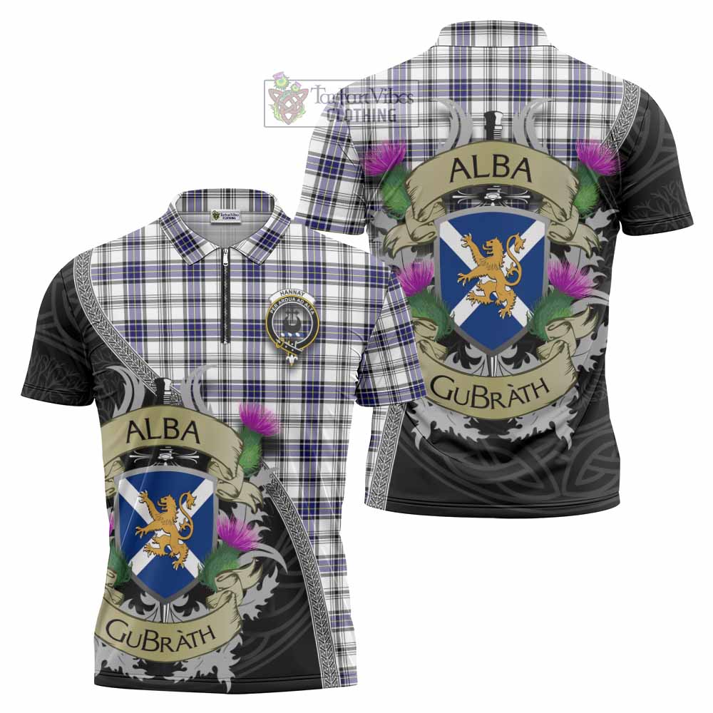 Tartan Vibes Clothing Hannay Tartan Family Crest Zipper Polo Shirt Lion Rampant Royal Thistle Shield Celtic Inspired