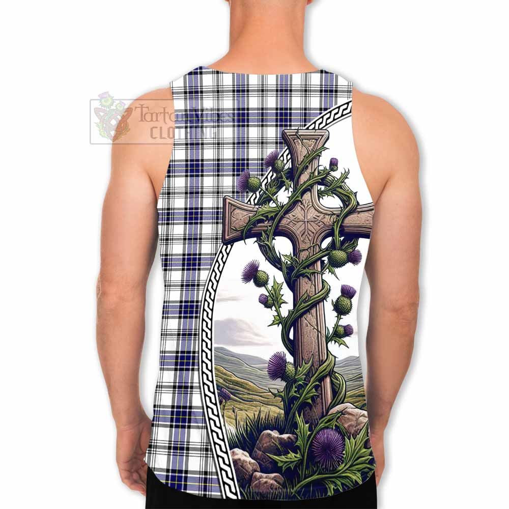 Tartan Vibes Clothing Hannay Tartan Men's Tank Top with Family Crest and St. Andrew's Cross Accented by Thistle Vines