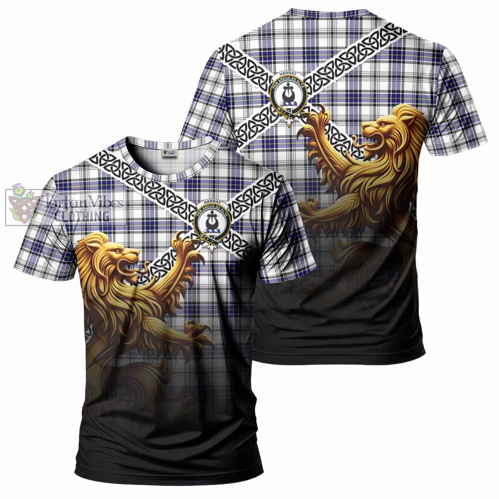 Tartan Vibes Clothing Hannay Crest Tartan T-Shirt with Golden Lion Emblem Celtic Style