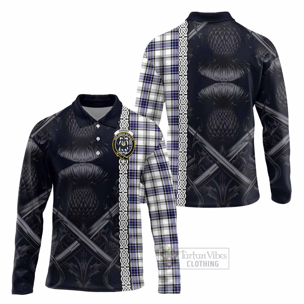 Tartan Vibes Clothing Hannay Tartan Long Sleeve Polo Shirt with Family Crest Cross Sword Thistle Celtic Vibes