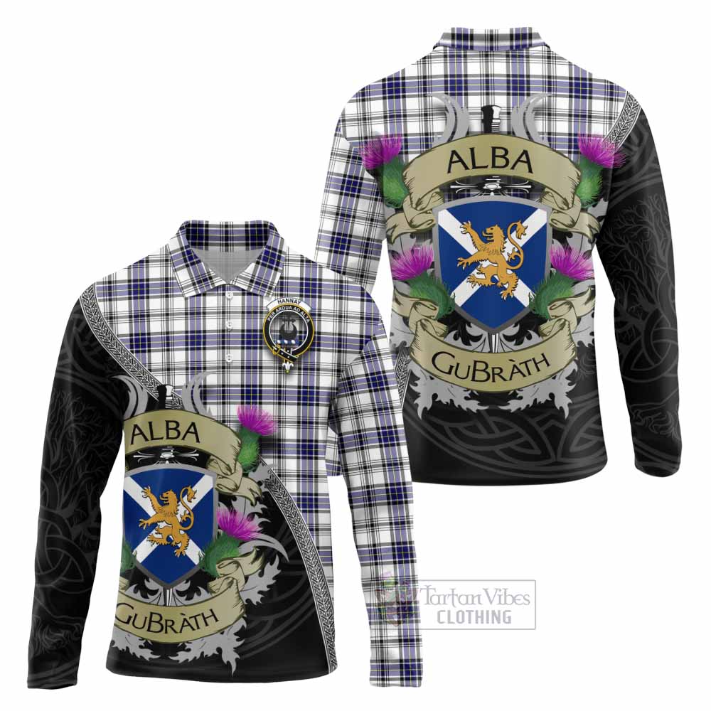 Tartan Vibes Clothing Hannay Tartan Family Crest Long Sleeve Polo Shirt Lion Rampant Royal Thistle Shield Celtic Inspired
