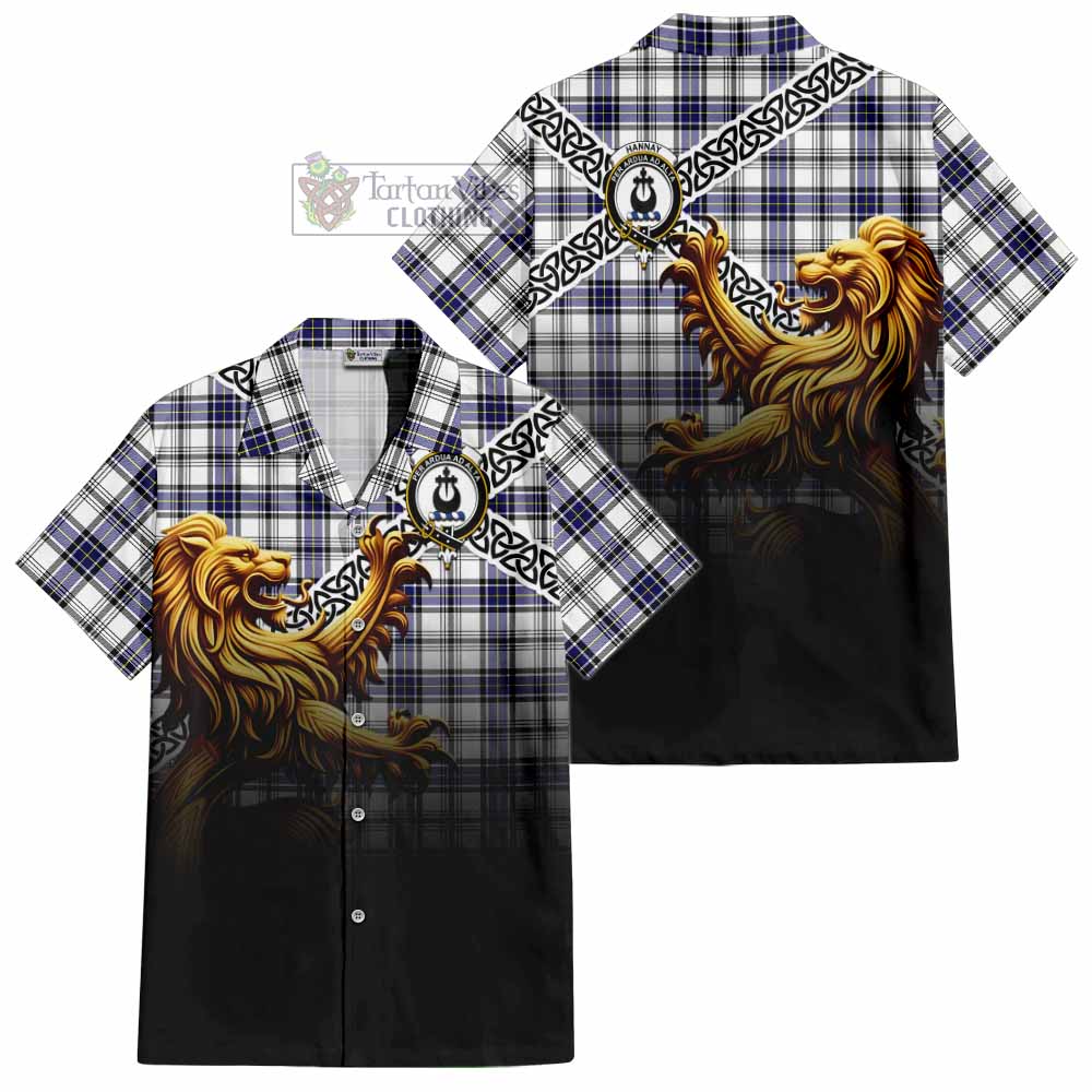 Tartan Vibes Clothing Hannay Crest Tartan Short Sleeve Button Shirt with Golden Lion Emblem Celtic Style