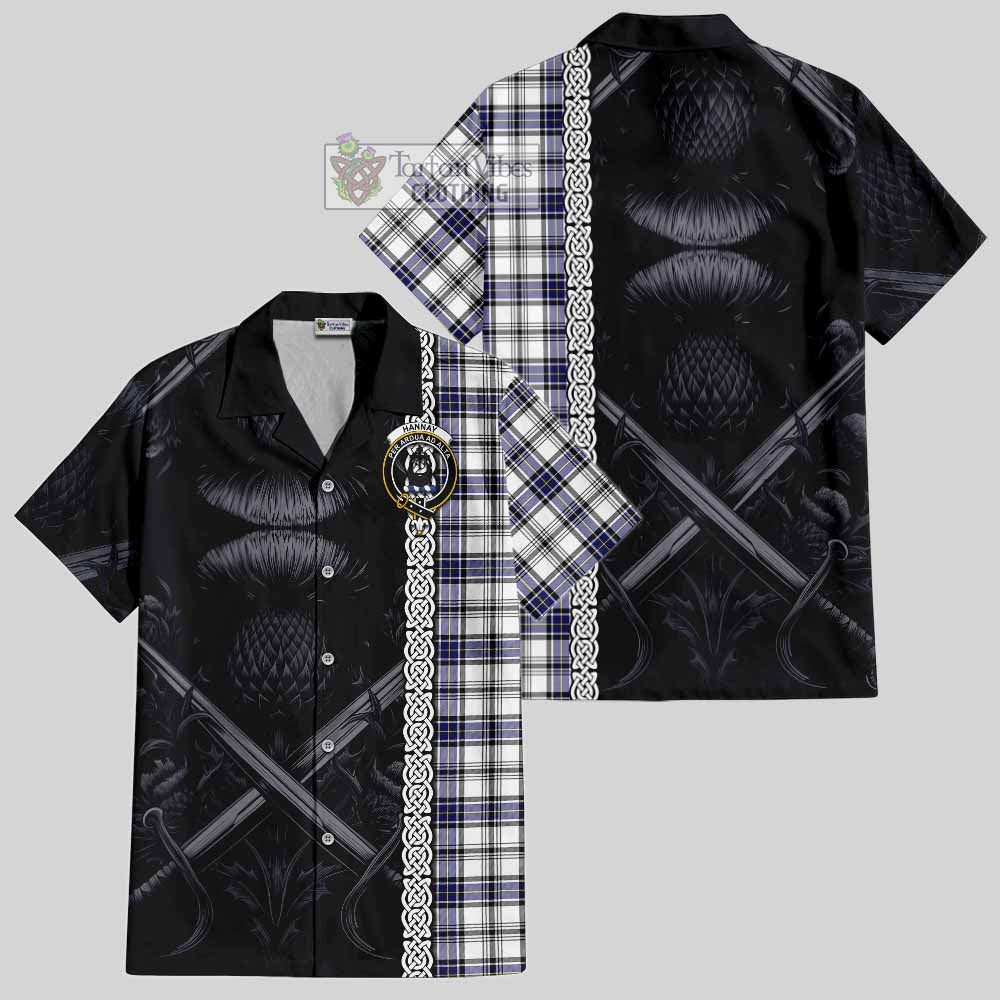 Tartan Vibes Clothing Hannay Tartan Short Sleeve Button Shirt with Family Crest Cross Sword Thistle Celtic Vibes