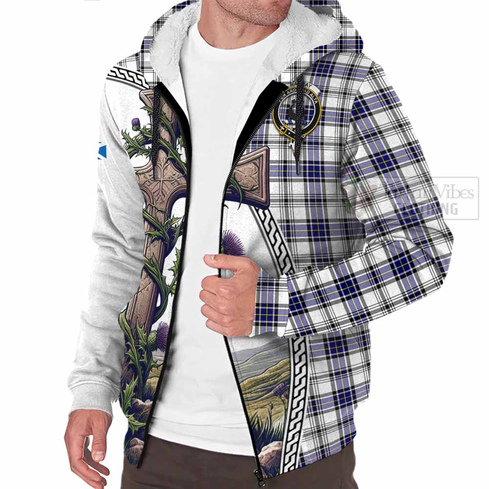 Tartan Vibes Clothing Hannay Tartan Sherpa Hoodie with Family Crest and St. Andrew's Cross Accented by Thistle Vines