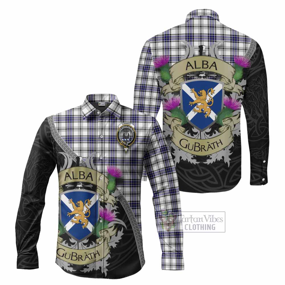 Tartan Vibes Clothing Hannay Tartan Family Crest Long Sleeve Button Shirt Lion Rampant Royal Thistle Shield Celtic Inspired