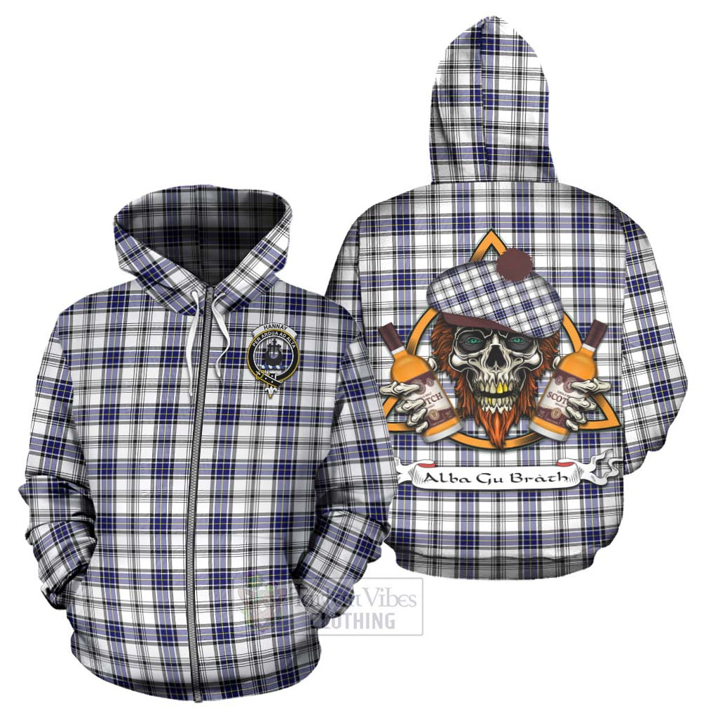 Tartan Vibes Clothing Hannay Tartan Hoodie with Family Crest and Bearded Skull Holding Bottles of Whiskey
