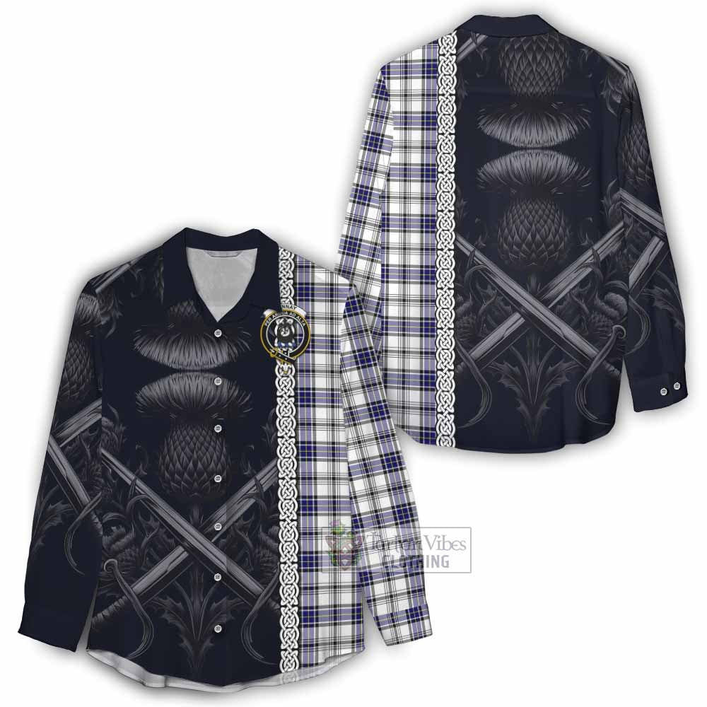 Tartan Vibes Clothing Hannay Tartan Women's Casual Shirt with Family Crest Cross Sword Thistle Celtic Vibes
