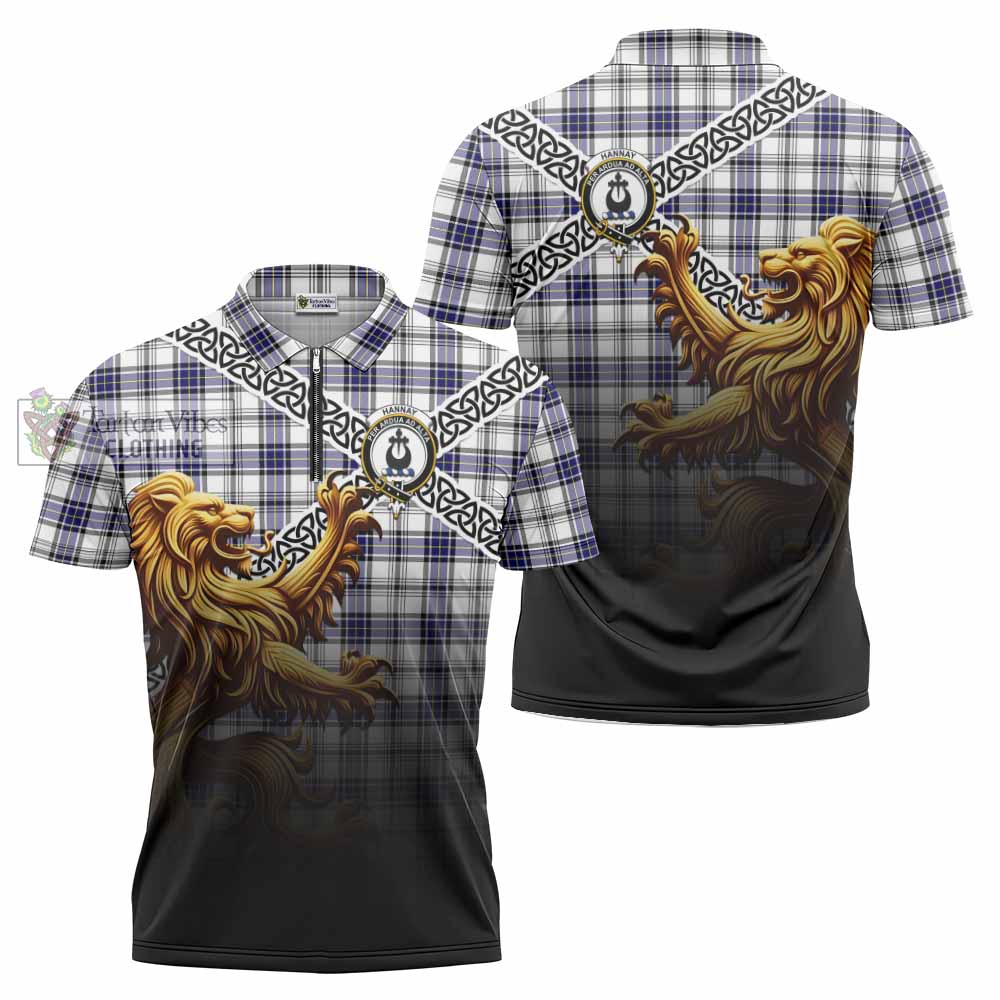 Tartan Vibes Clothing Hannay Crest Tartan Zipper Polo Shirt with Golden Lion Emblem Celtic Style