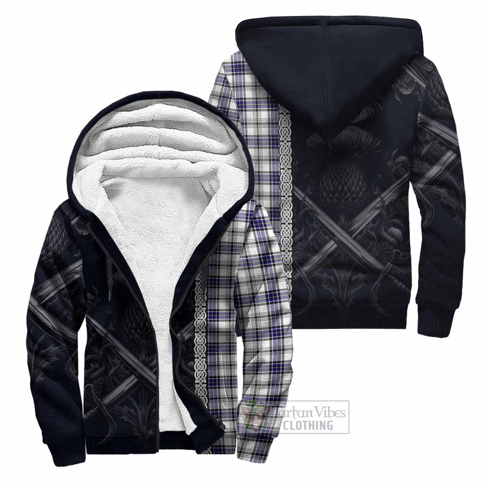 Tartan Vibes Clothing Hannay Tartan Sherpa Hoodie with Family Crest Cross Sword Thistle Celtic Vibes
