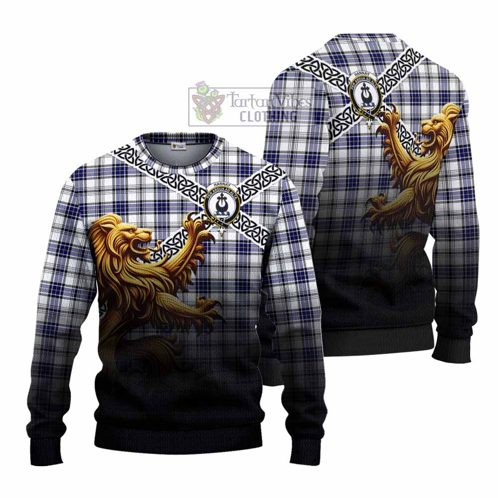 Tartan Vibes Clothing Hannay Crest Tartan Knitted Sweater with Golden Lion Emblem Celtic Style