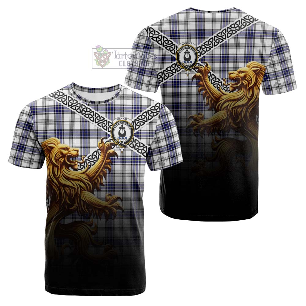 Tartan Vibes Clothing Hannay Crest Tartan Cotton T-shirt with Golden Lion Emblem Celtic Style
