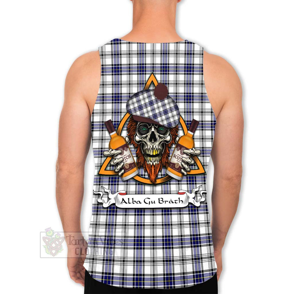 Tartan Vibes Clothing Hannay Tartan Men's Tank Top with Family Crest and Bearded Skull Holding Bottles of Whiskey
