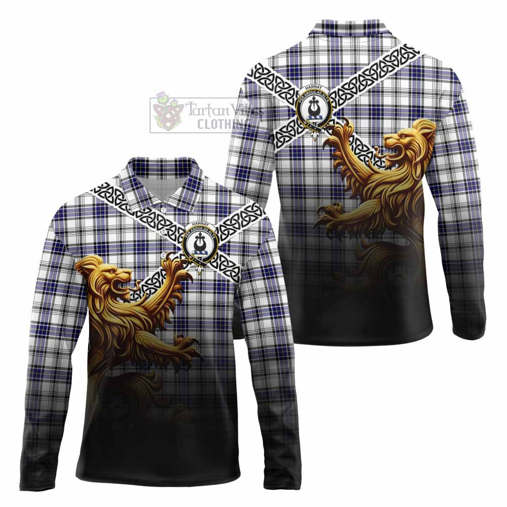 Tartan Vibes Clothing Hannay Crest Tartan Long Sleeve Polo Shirt with Golden Lion Emblem Celtic Style