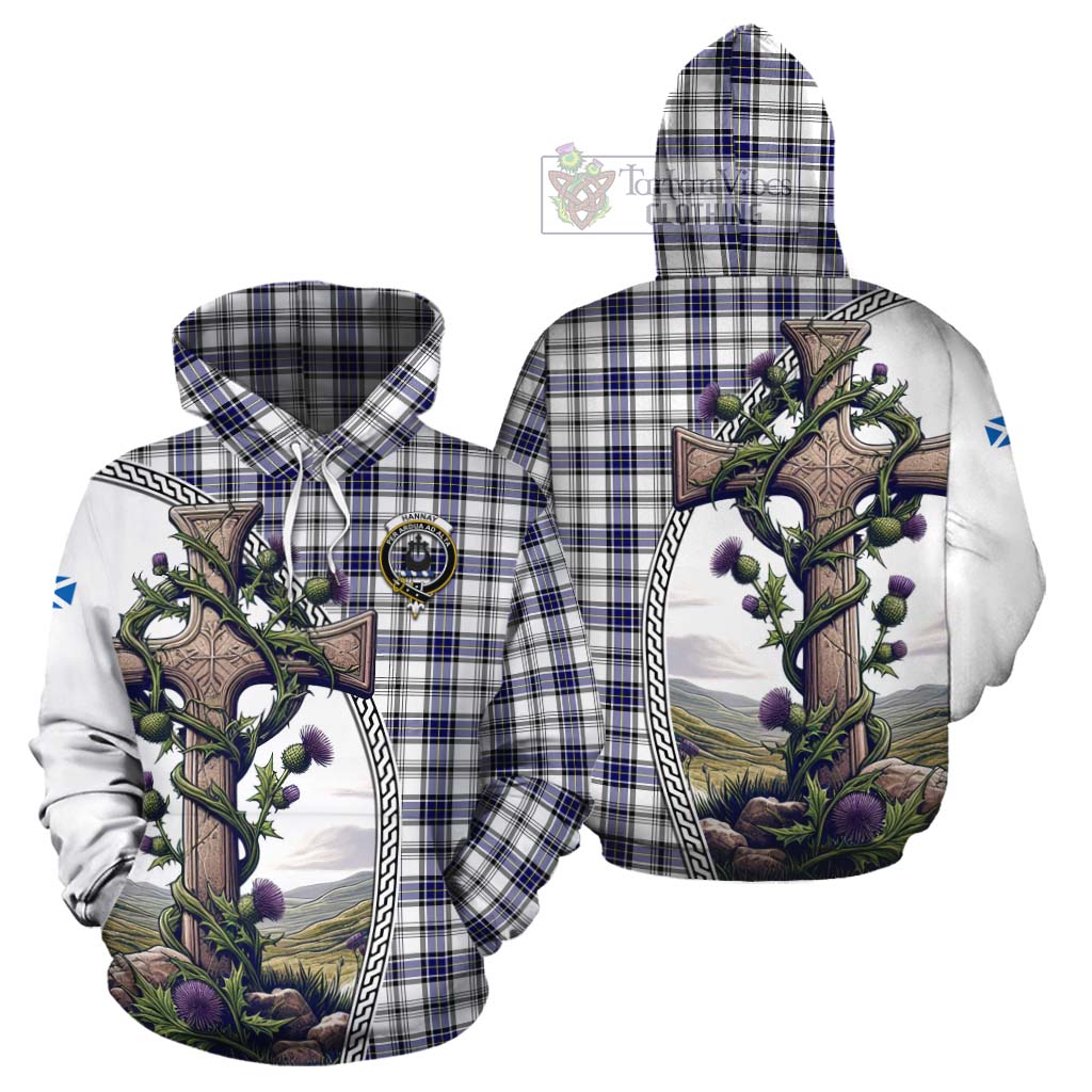 Tartan Vibes Clothing Hannay Tartan Cotton Hoodie with Family Crest and St. Andrew's Cross Accented by Thistle Vines
