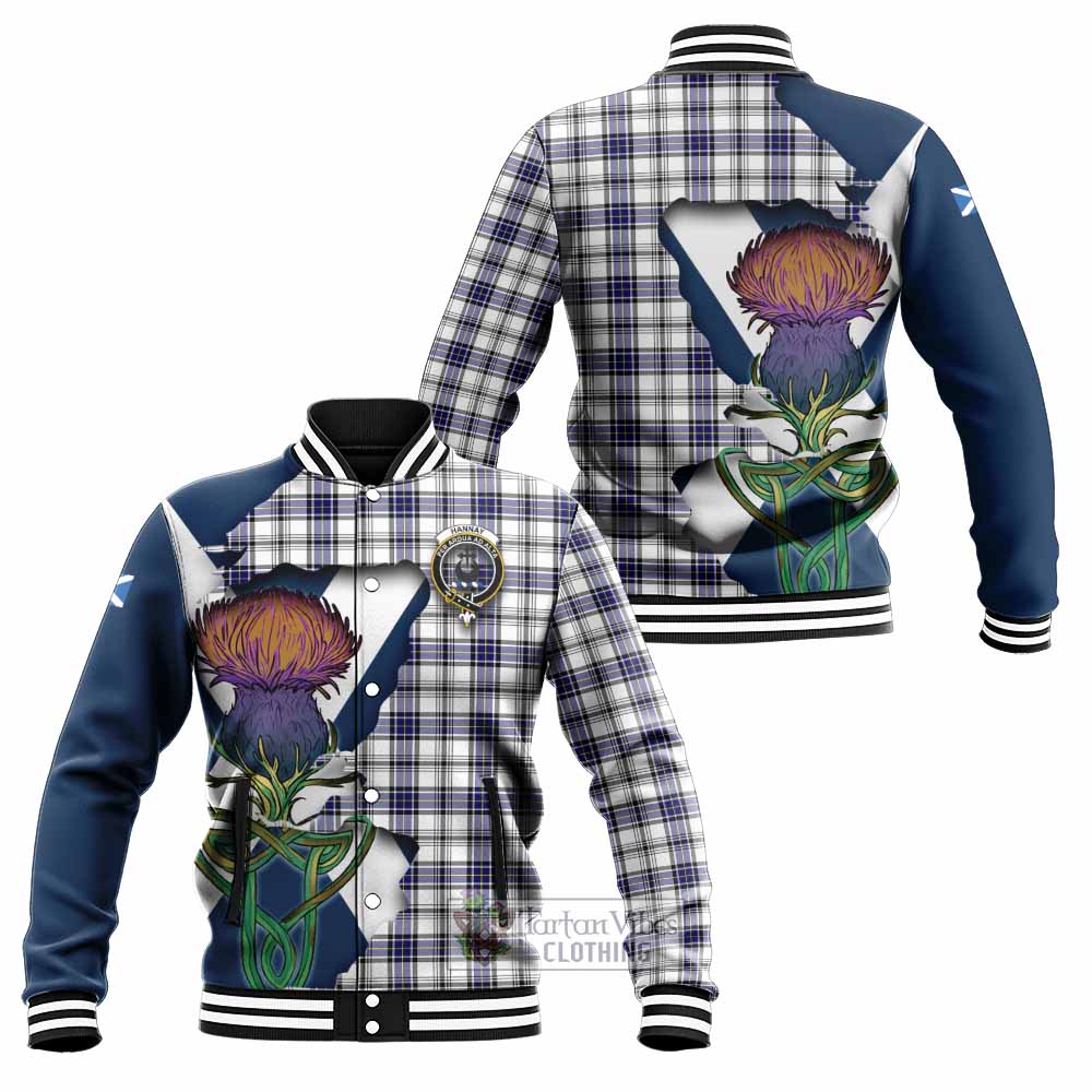 Tartan Vibes Clothing Hannay Tartan Family Crest Baseball Jacket Scottish Thistle Celtic Inspired