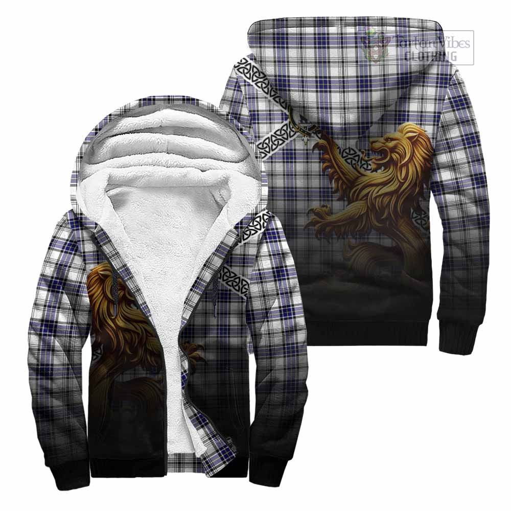 Tartan Vibes Clothing Hannay Crest Tartan Sherpa Hoodie with Golden Lion Emblem Celtic Style