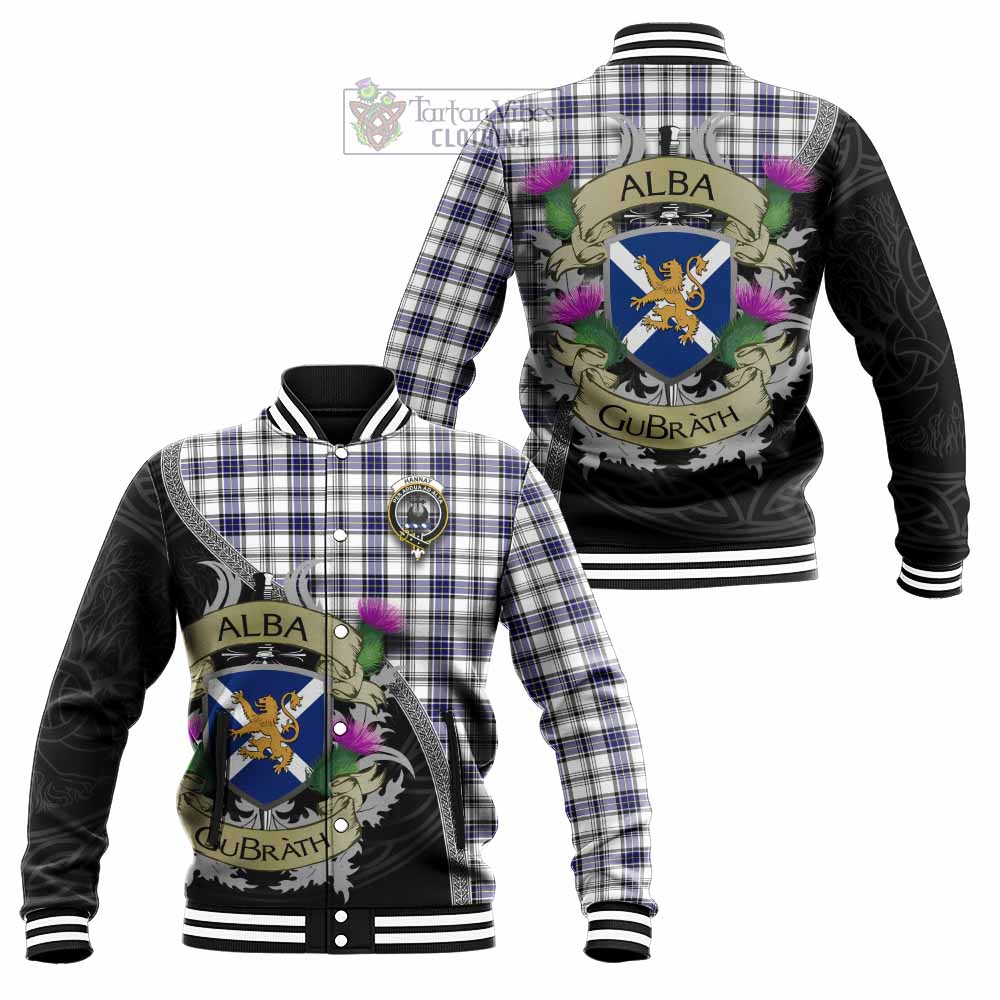 Tartan Vibes Clothing Hannay Tartan Family Crest Baseball Jacket Lion Rampant Royal Thistle Shield Celtic Inspired