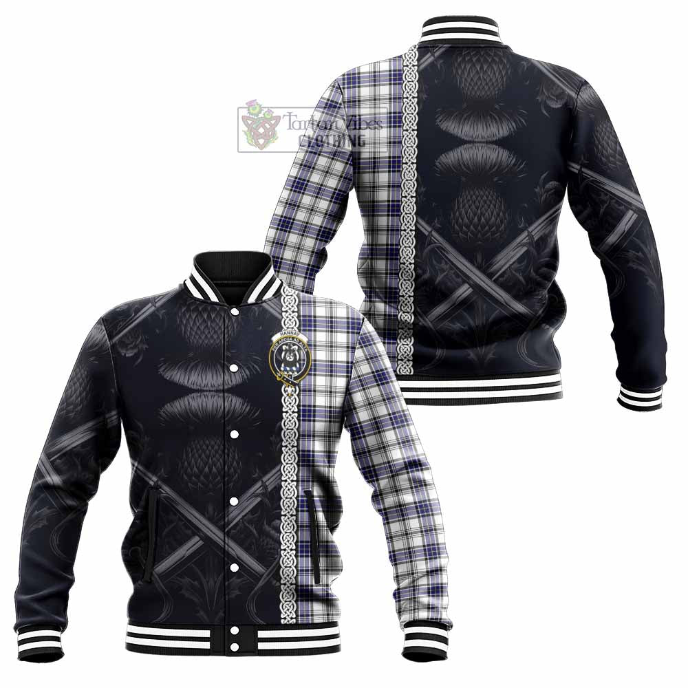 Tartan Vibes Clothing Hannay Tartan Baseball Jacket with Family Crest Cross Sword Thistle Celtic Vibes