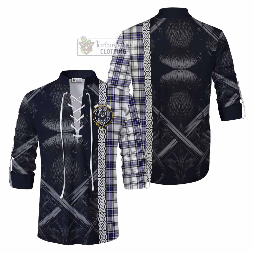 Tartan Vibes Clothing Hannay Tartan Ghillie Kilt Shirt with Family Crest Cross Sword Thistle Celtic Vibes