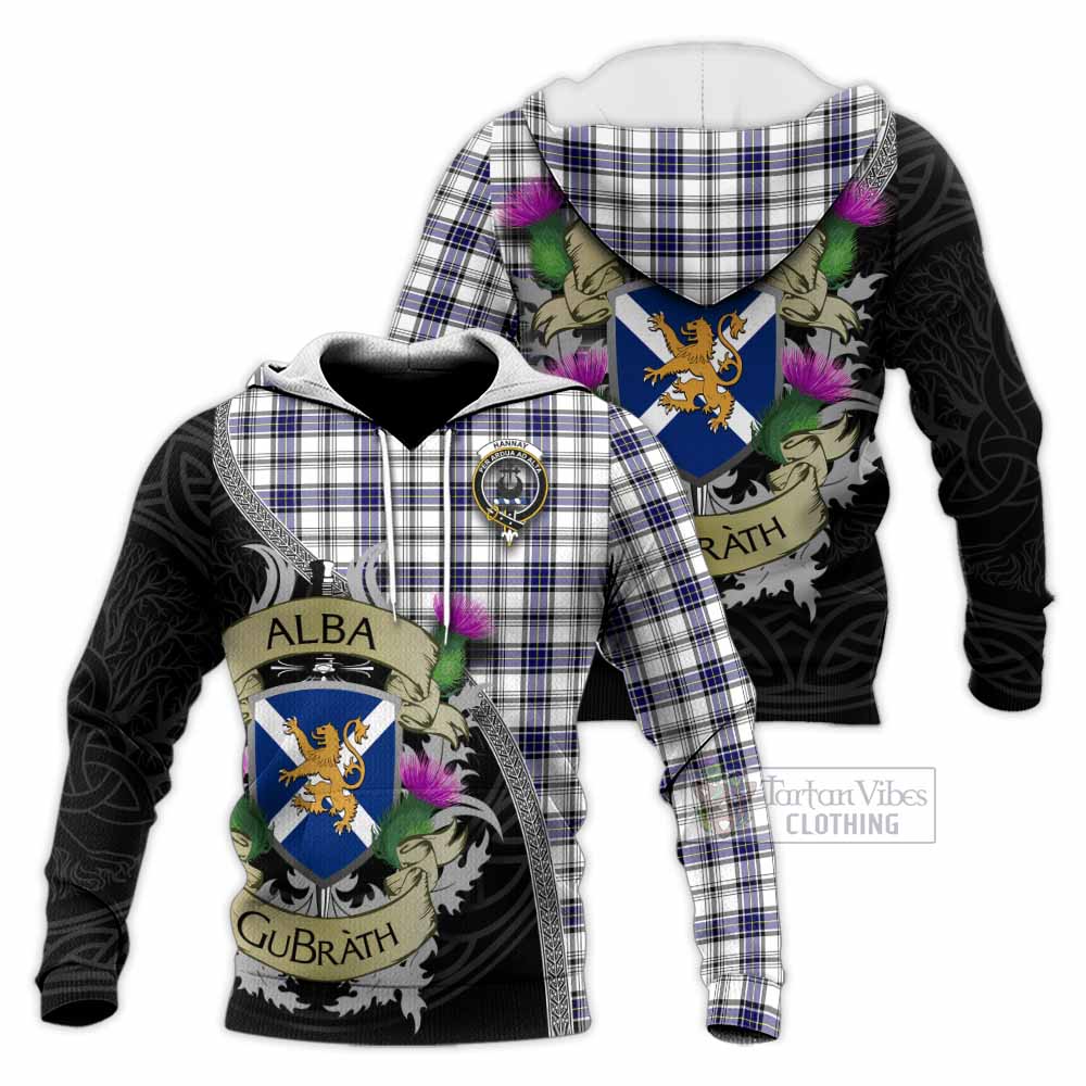 Tartan Vibes Clothing Hannay Tartan Family Crest Knitted Hoodie Lion Rampant Royal Thistle Shield Celtic Inspired